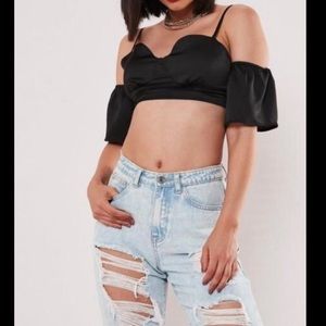 💋Satin Bralette W/Frill Sleeves & Adjustable Spaghetti Stripes Zip Up Sexy Top